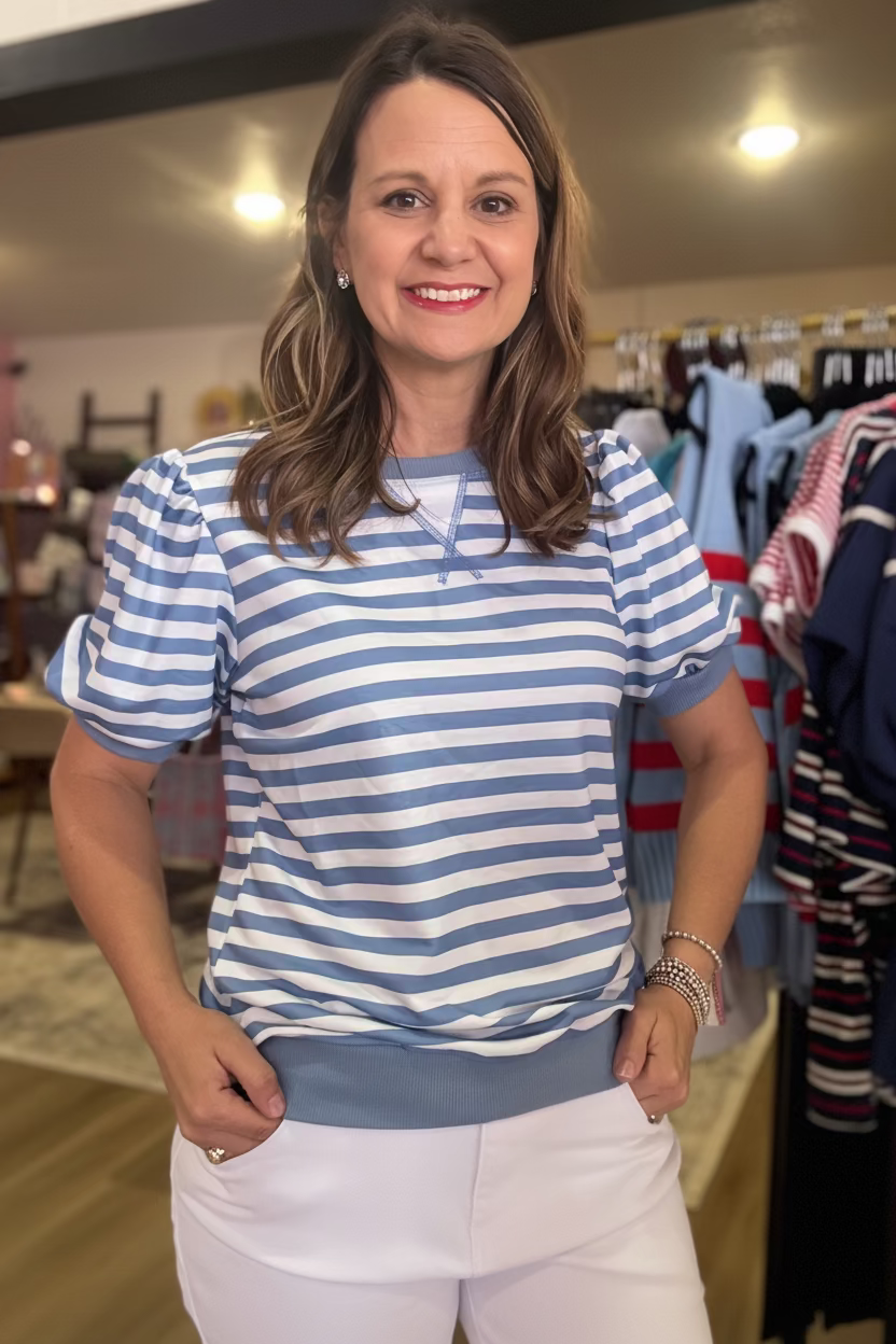 Sky Blue Stripe Short Bubble Sleeve Top