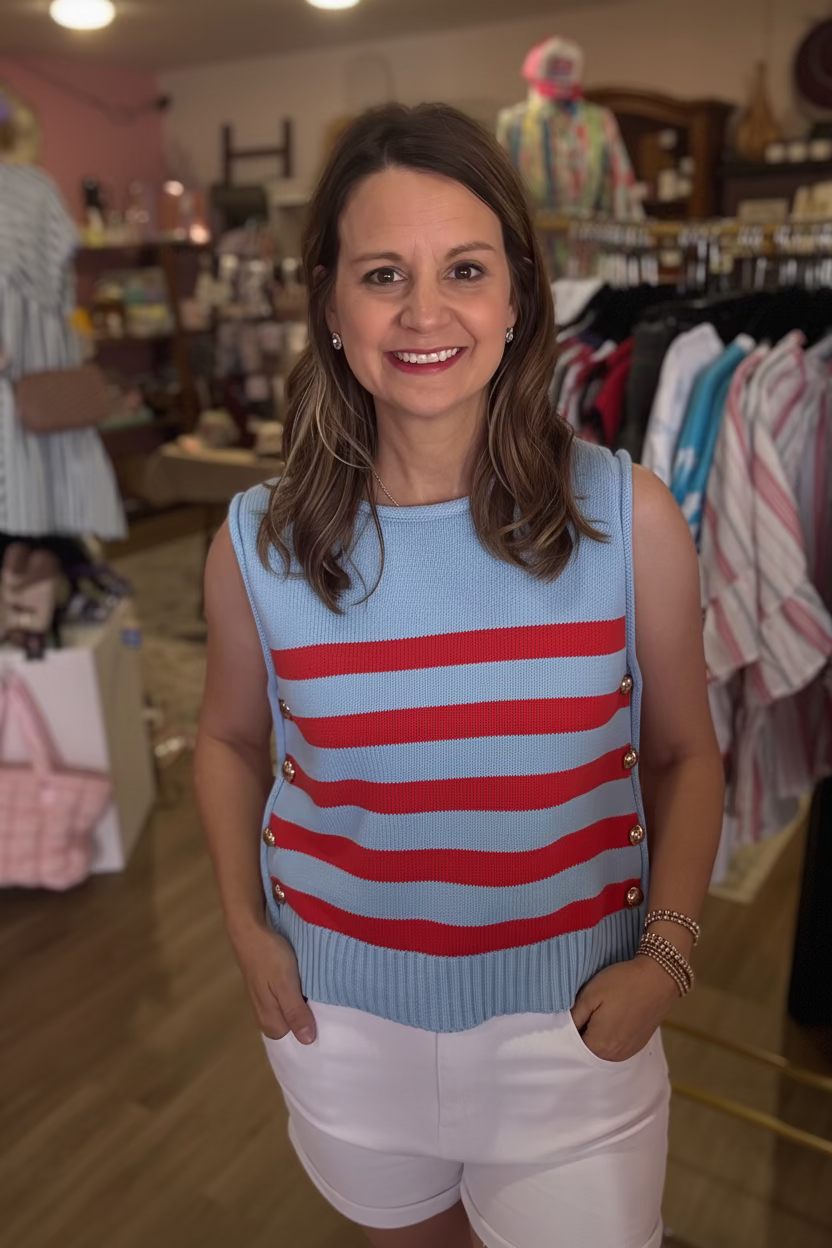 Striped Sleeveless Button Side Knit Top