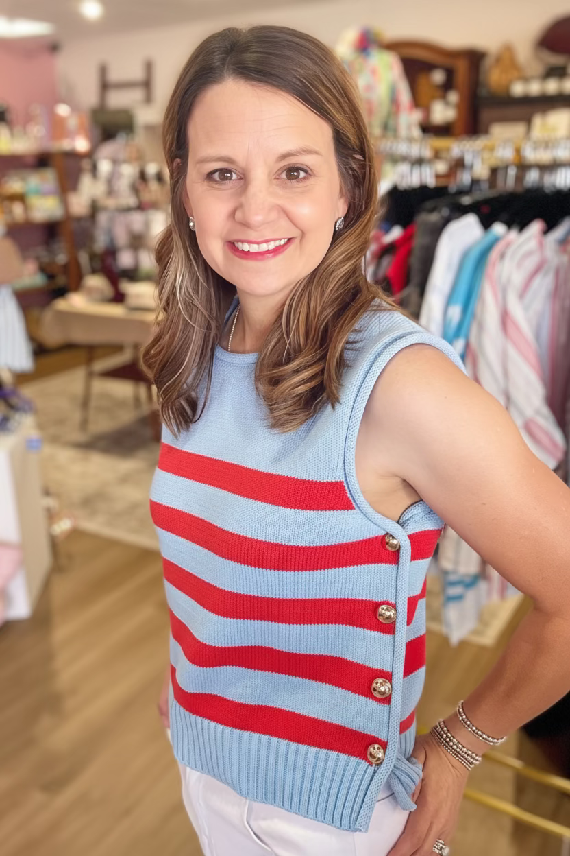 Striped Sleeveless Button Side Knit Top