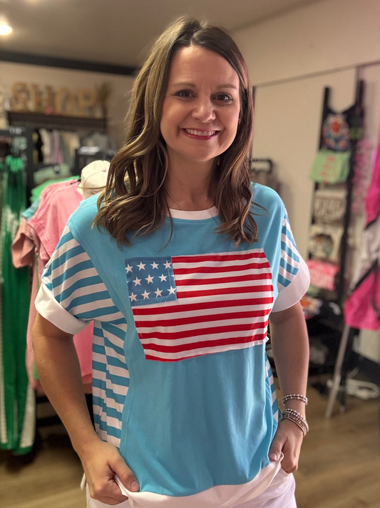 Flag Print Patchwork Color Block USA Shirt