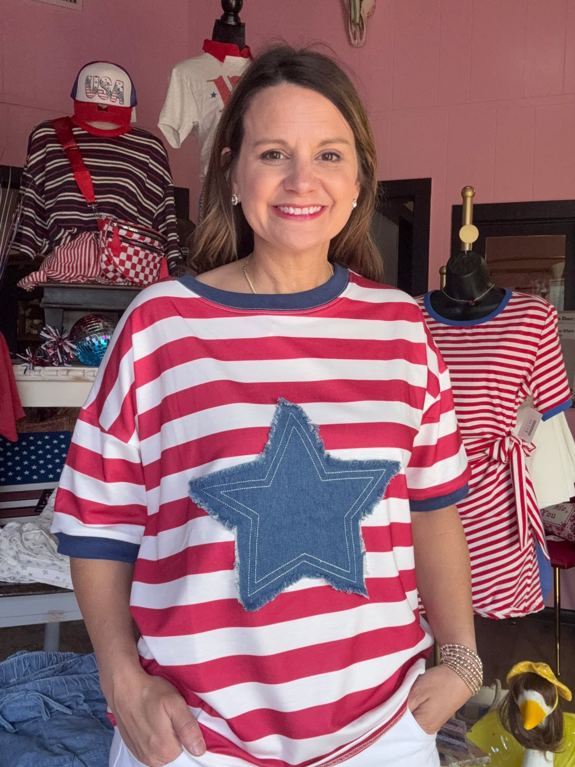 4th of July Red stripe tee with denim star patch