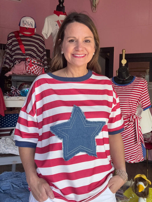 4th of July Red stripe tee with denim star patch