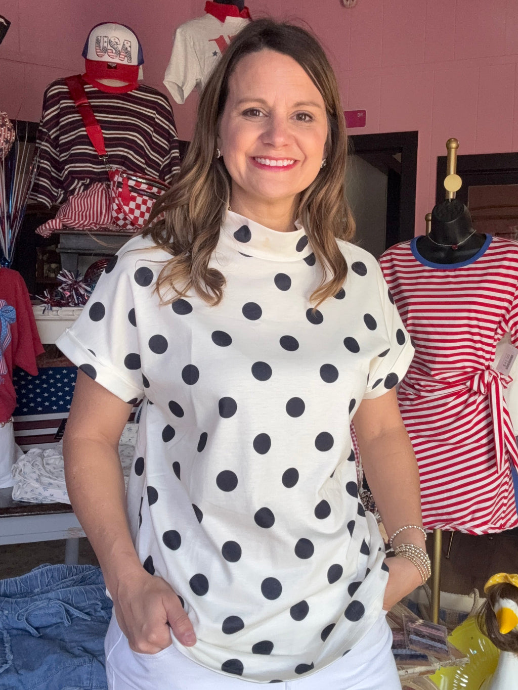 Polka Dot Print Mock Neck Dolman Top