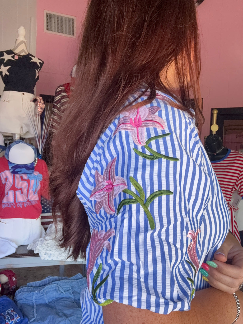 Floral Embroidered Puff Sleeve Stripe Button Down Shirt