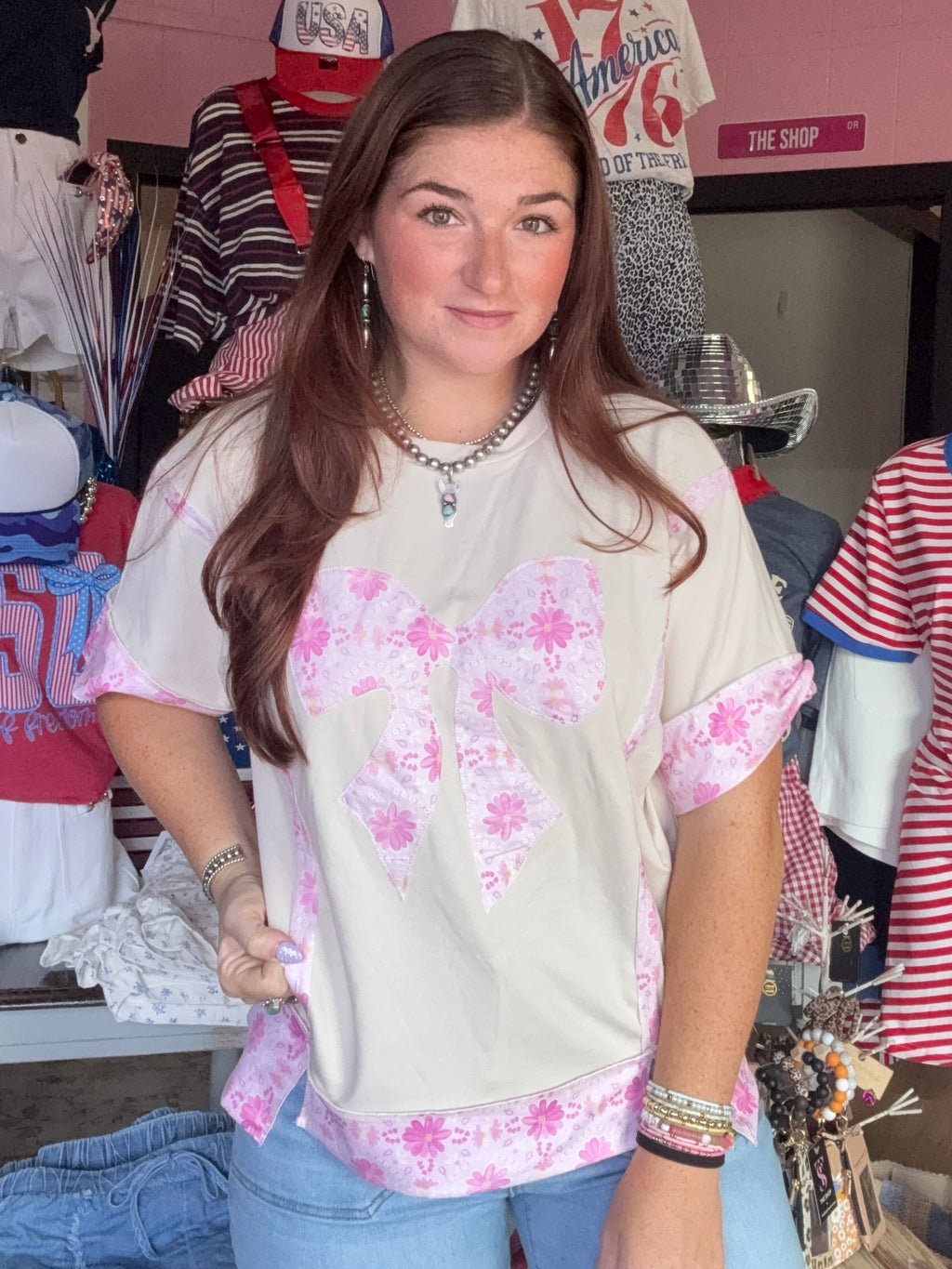 Bow Floral Print Short-Sleeve Blouse Casual Top