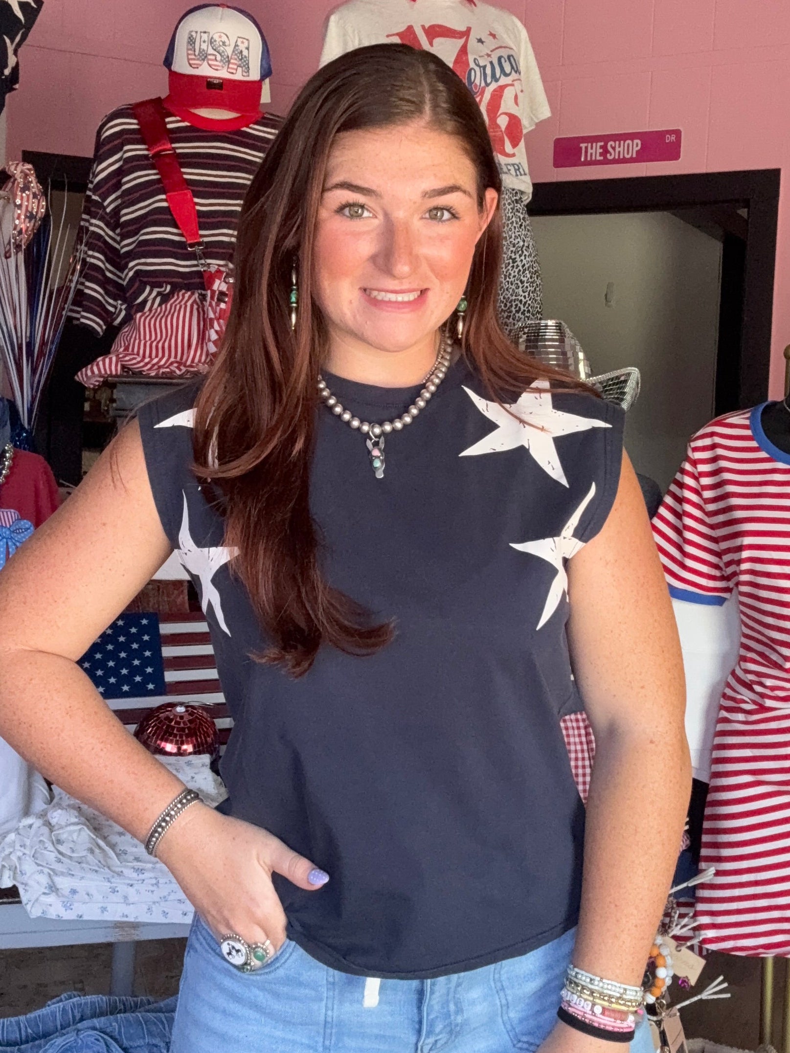 250th 4th of July star shoulder top