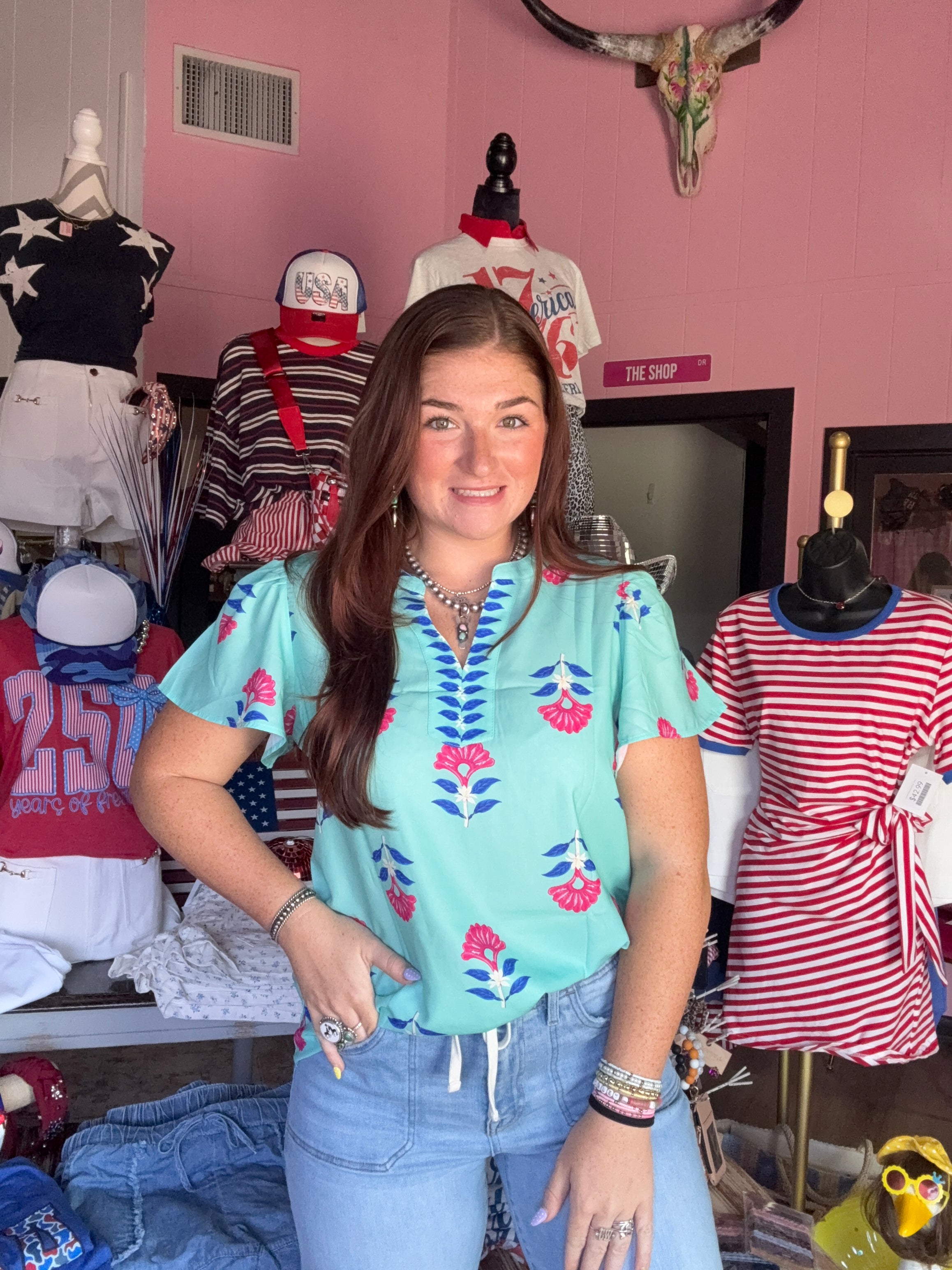 Floral V Neck Flutter Sleeve Blouse