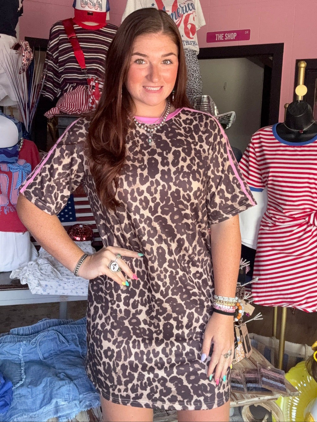Leopard Varsity Striped Detail Loose T Shirt Dress