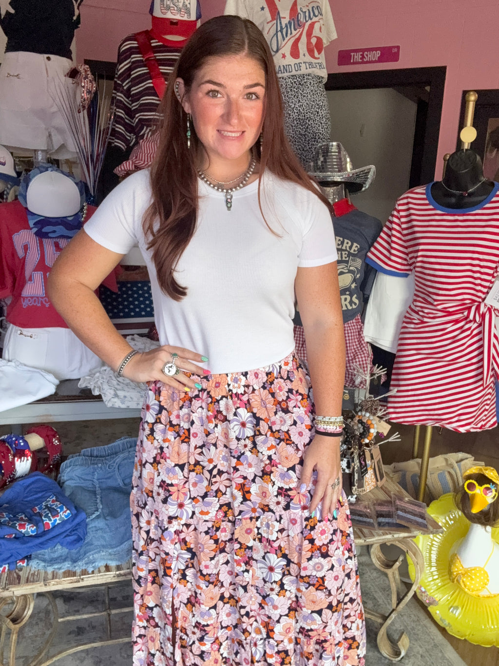 Orange Bohemian Floral Print Maxi Skirt