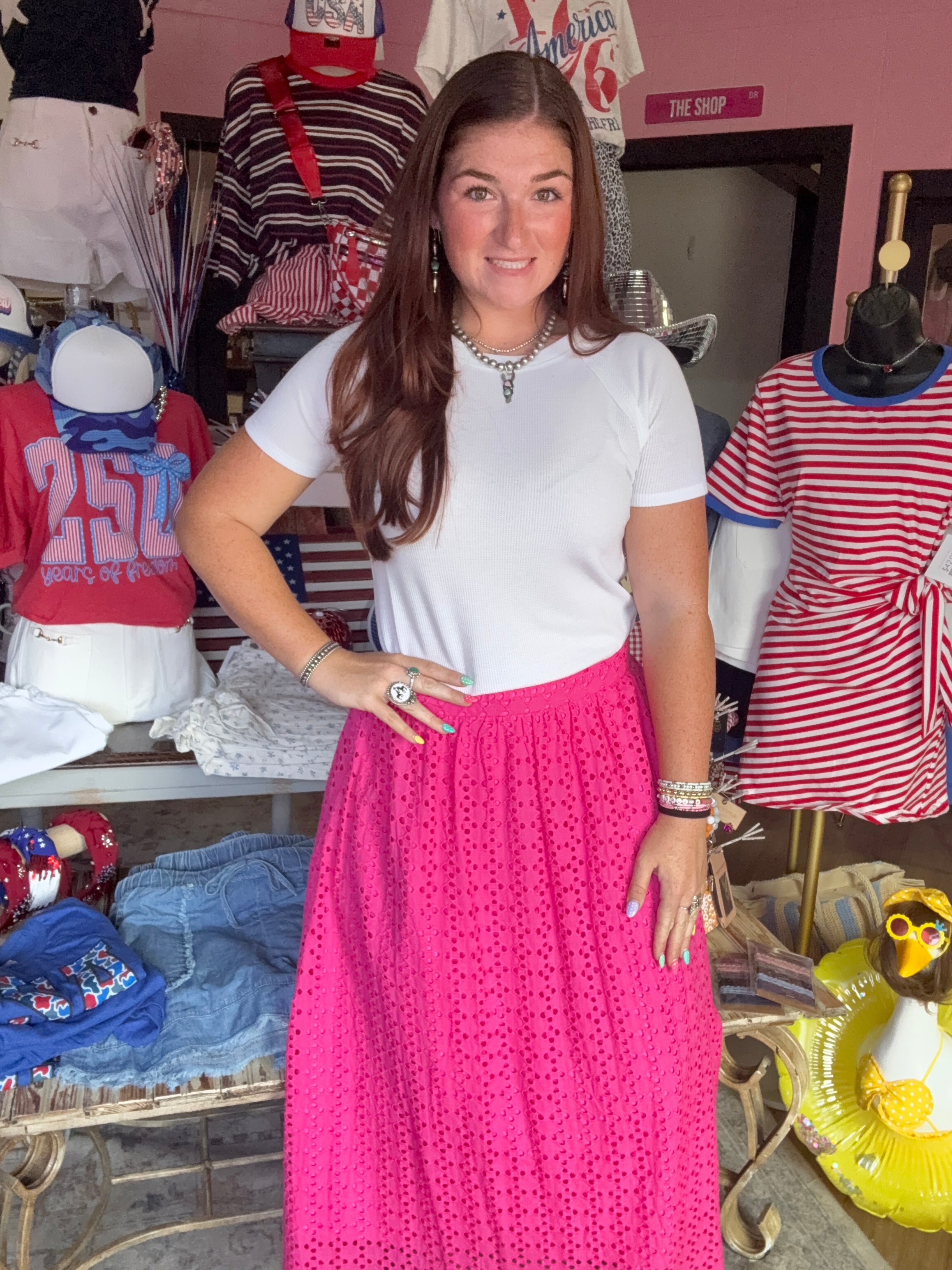 Eyelet Hot Pink Midi Skirt