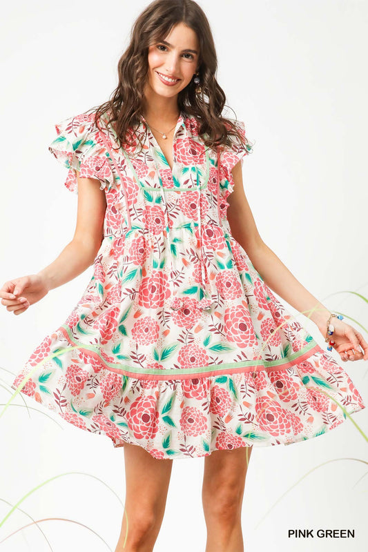 Floral Ruffled Sleeve Tiered Dress