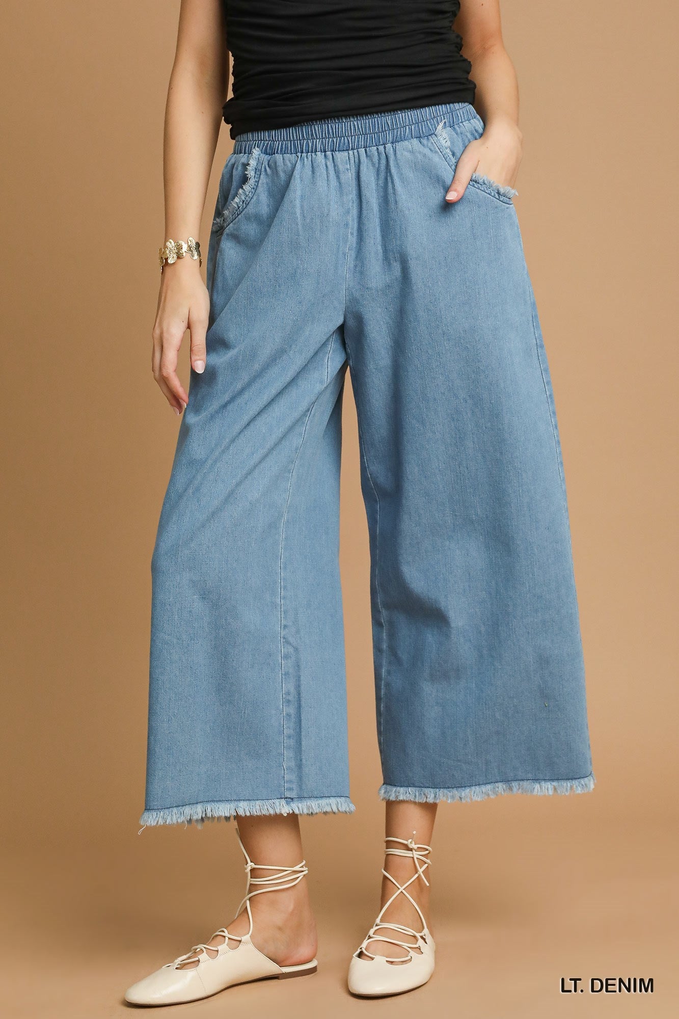 Umgee Washed Denim Pants with Fringe Hem