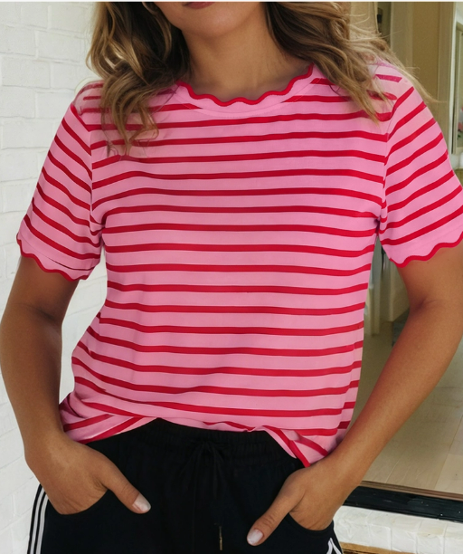 Stripe Scalloped Trim Round Neck T Shirt