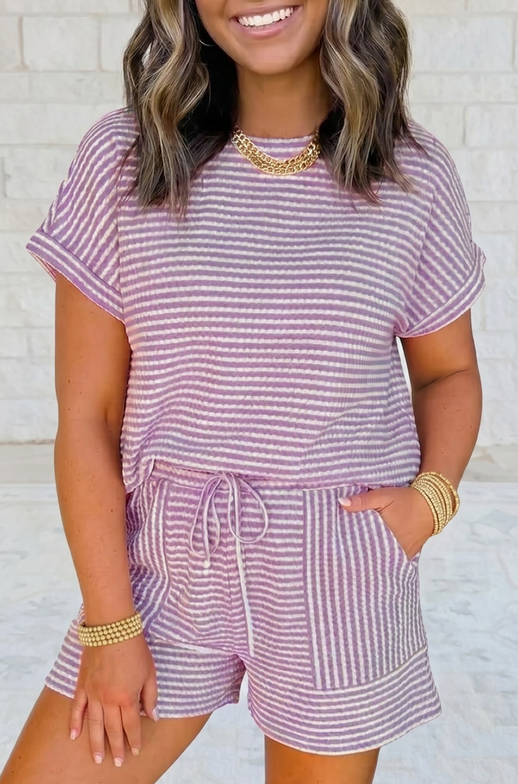 Striped Textured Knit Top & Short Set Purple