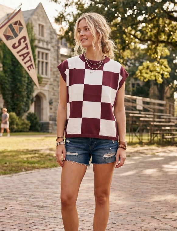 Checkered Knit Sleeveless Top