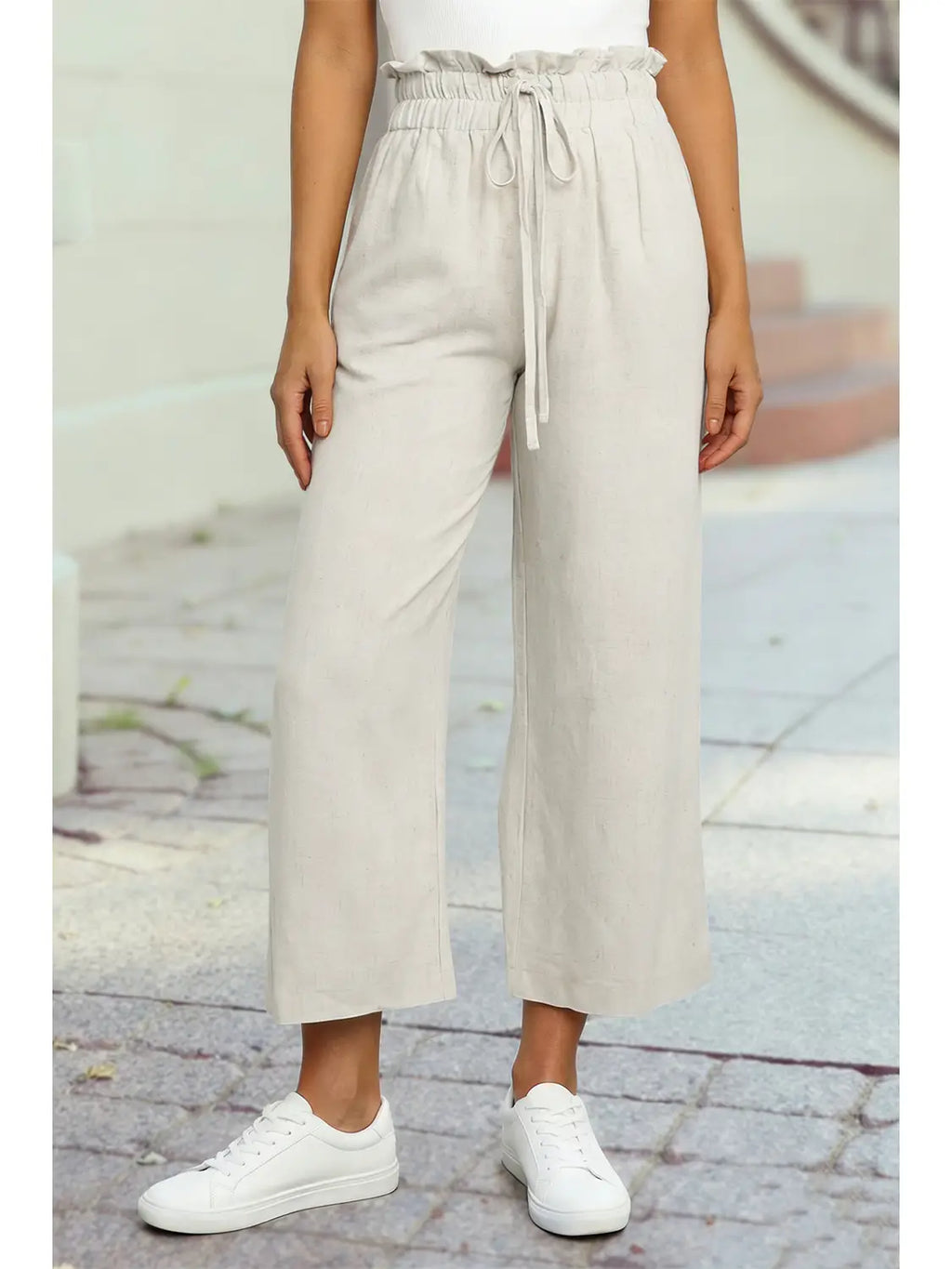 Paper Bag Waist Straight Leg Cropped Pants