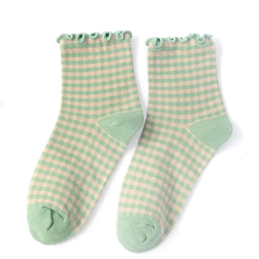 Ruffle Trim Plaid Cotton Ankle Socks