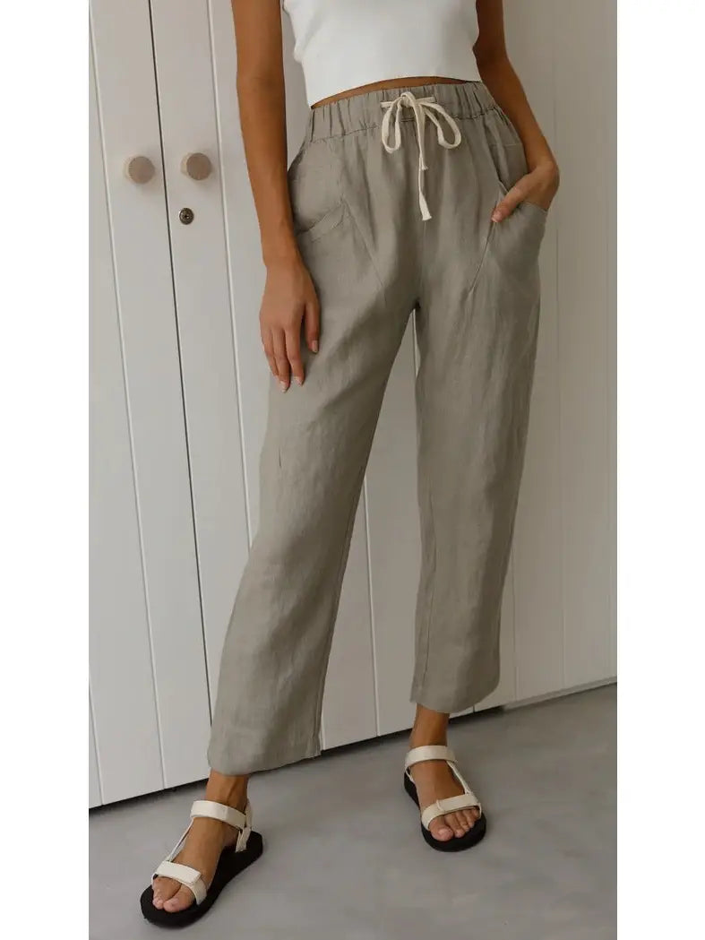 Solid Grey Linen Casual Fit Pants