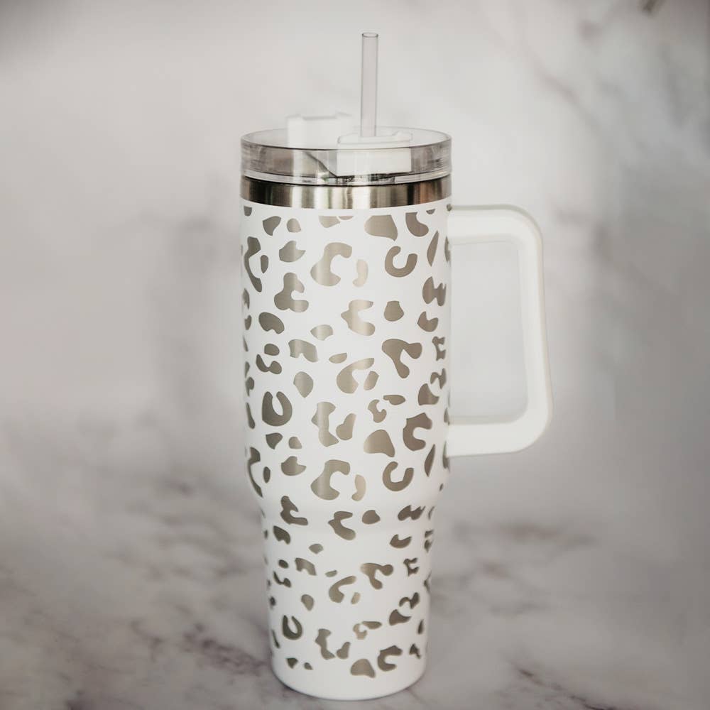 White METALLIC Leopard Tumbler Cup with Handle