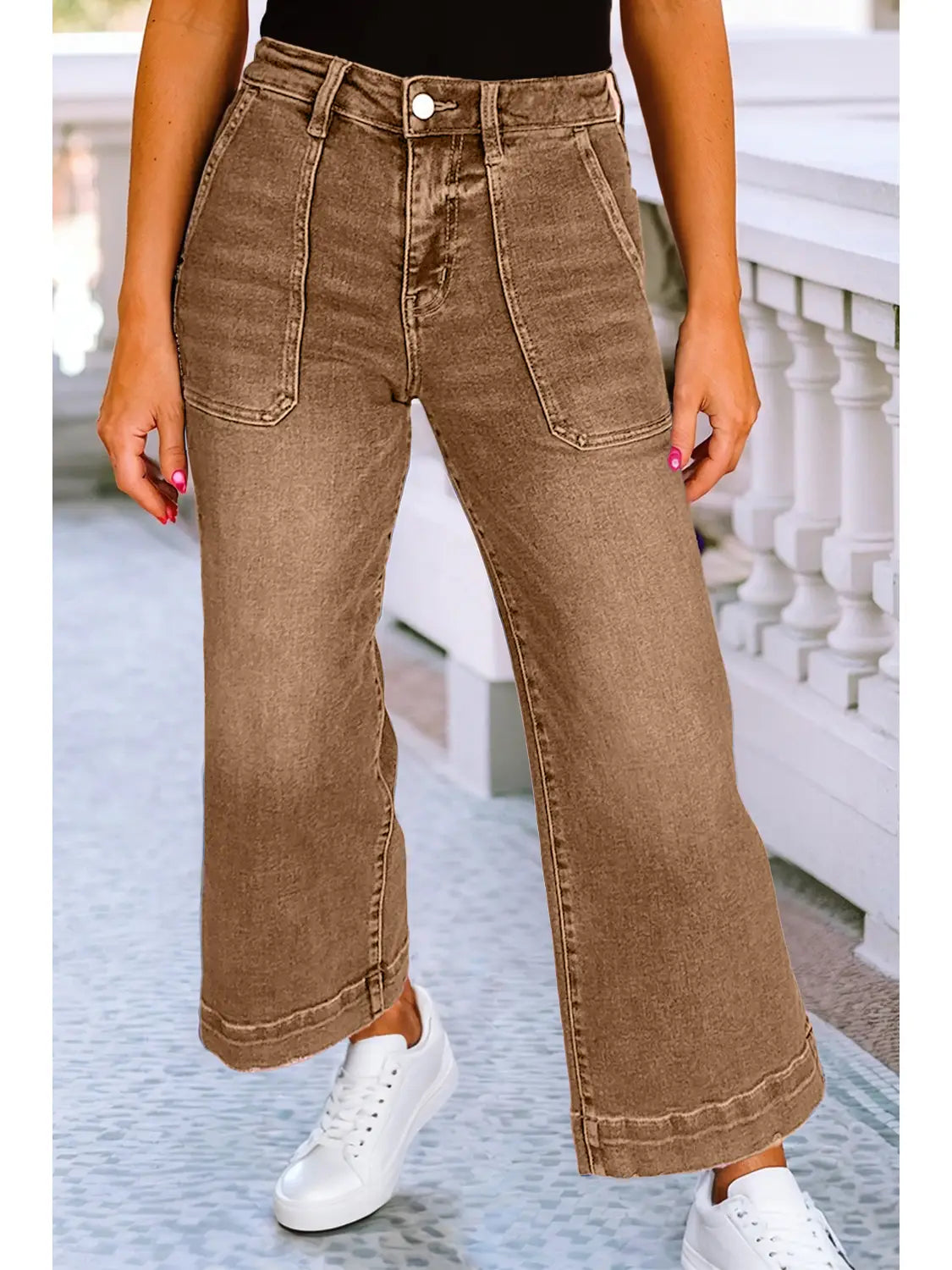 Brown Cropped High Rise Wide Leg Jeans