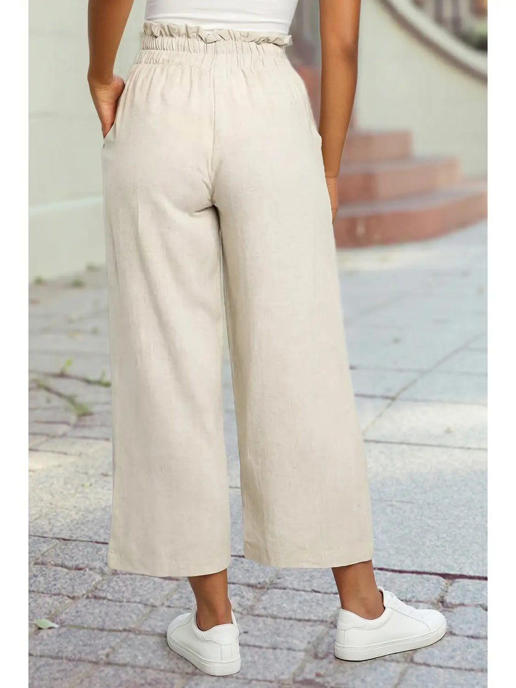 Paper Bag Waist Straight Leg Cropped Pants