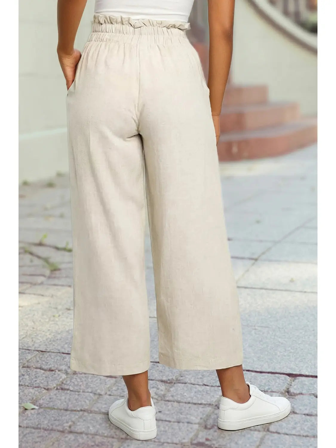 Paper Bag Waist Straight Leg Cropped Pants