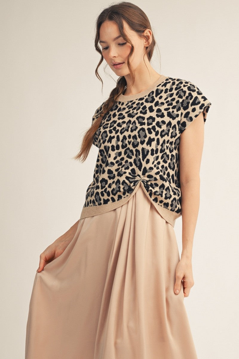 Drop shoulder leopard sweater top with knot detail