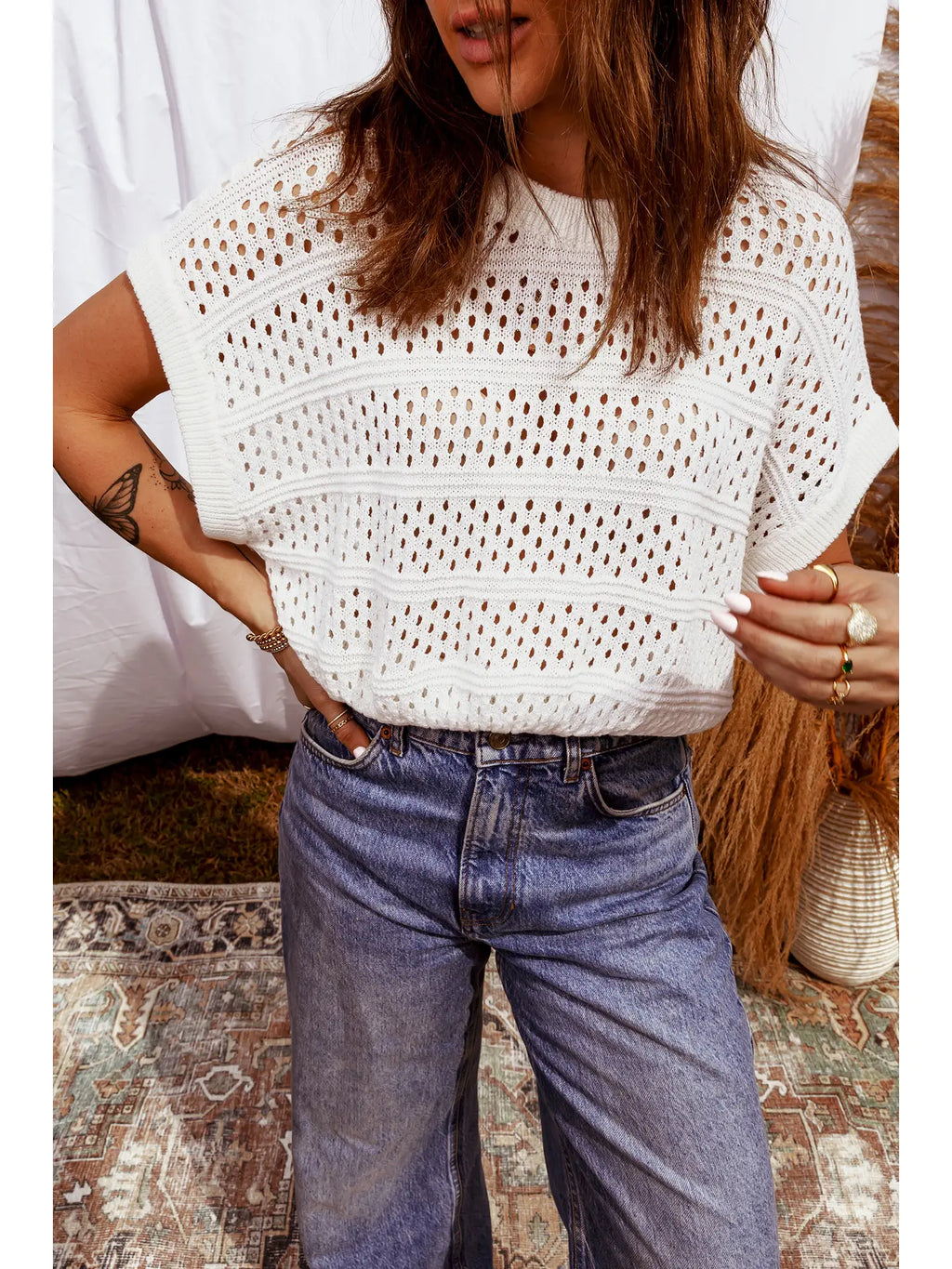 White Hollow Out Knit Dolman Top