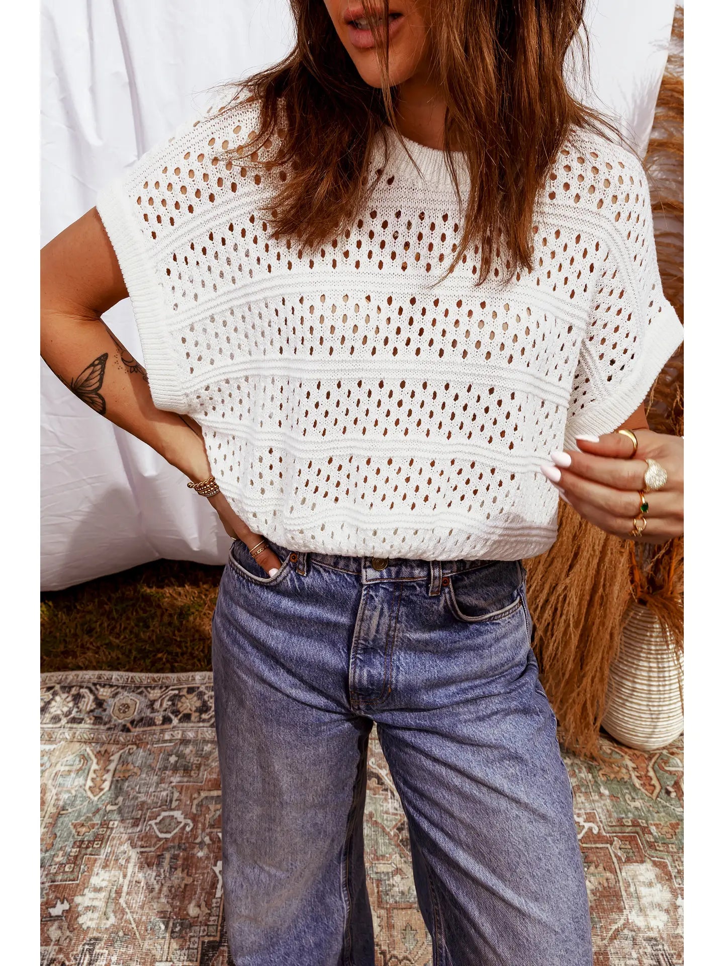 White Hollow Out Knit Dolman Top
