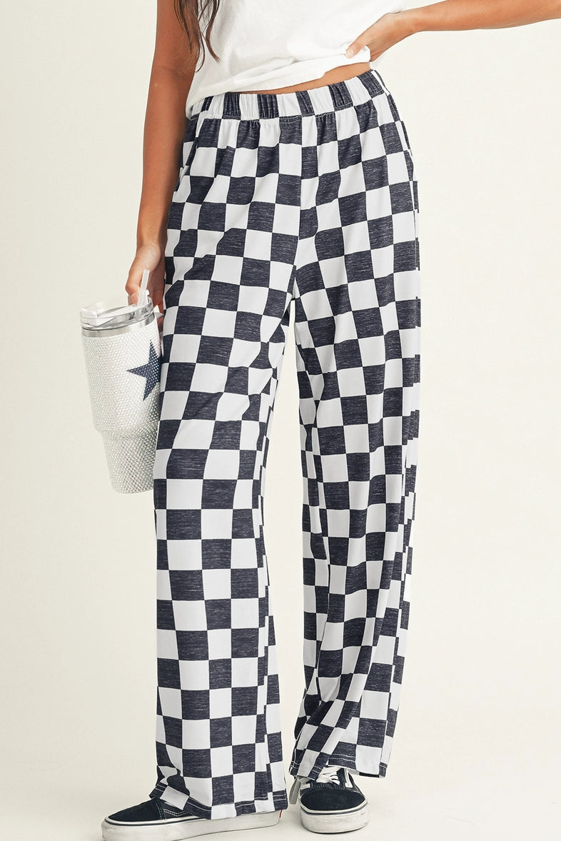2-Tone Checked Print High Waist Wide Leg Pants