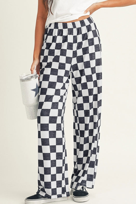 2-Tone Checked Print High Waist Wide Leg Pants