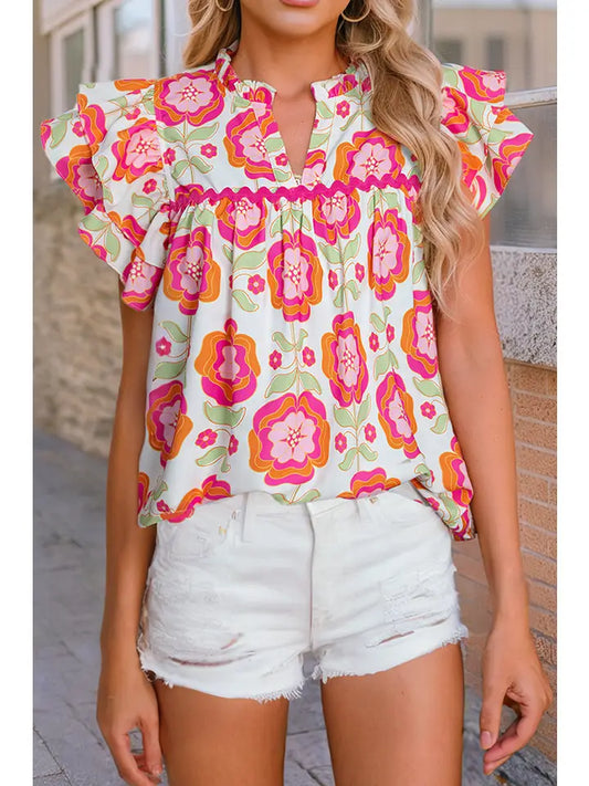 Boho Floral Print Ruffle Sleeve Blouse