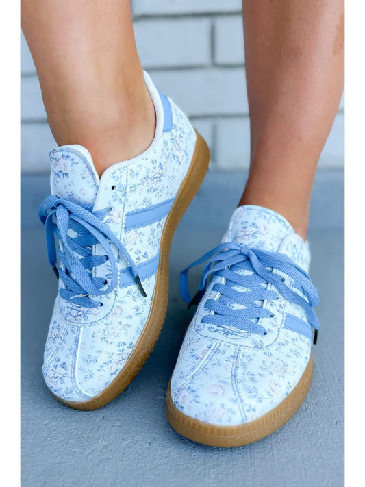 Floral Print Lace Up Leather Flat Shoes