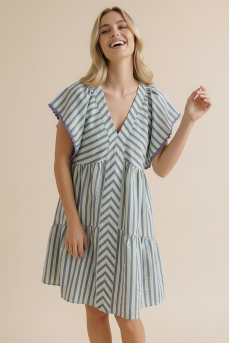V-neck Drop Shoulder Tiered Midi Dress