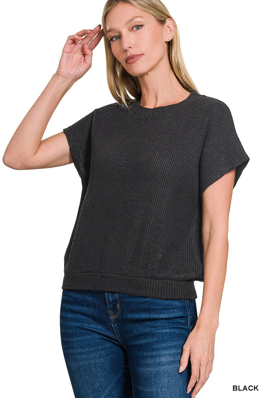 Round Neck Banded Botton Short Sleeve Sweater