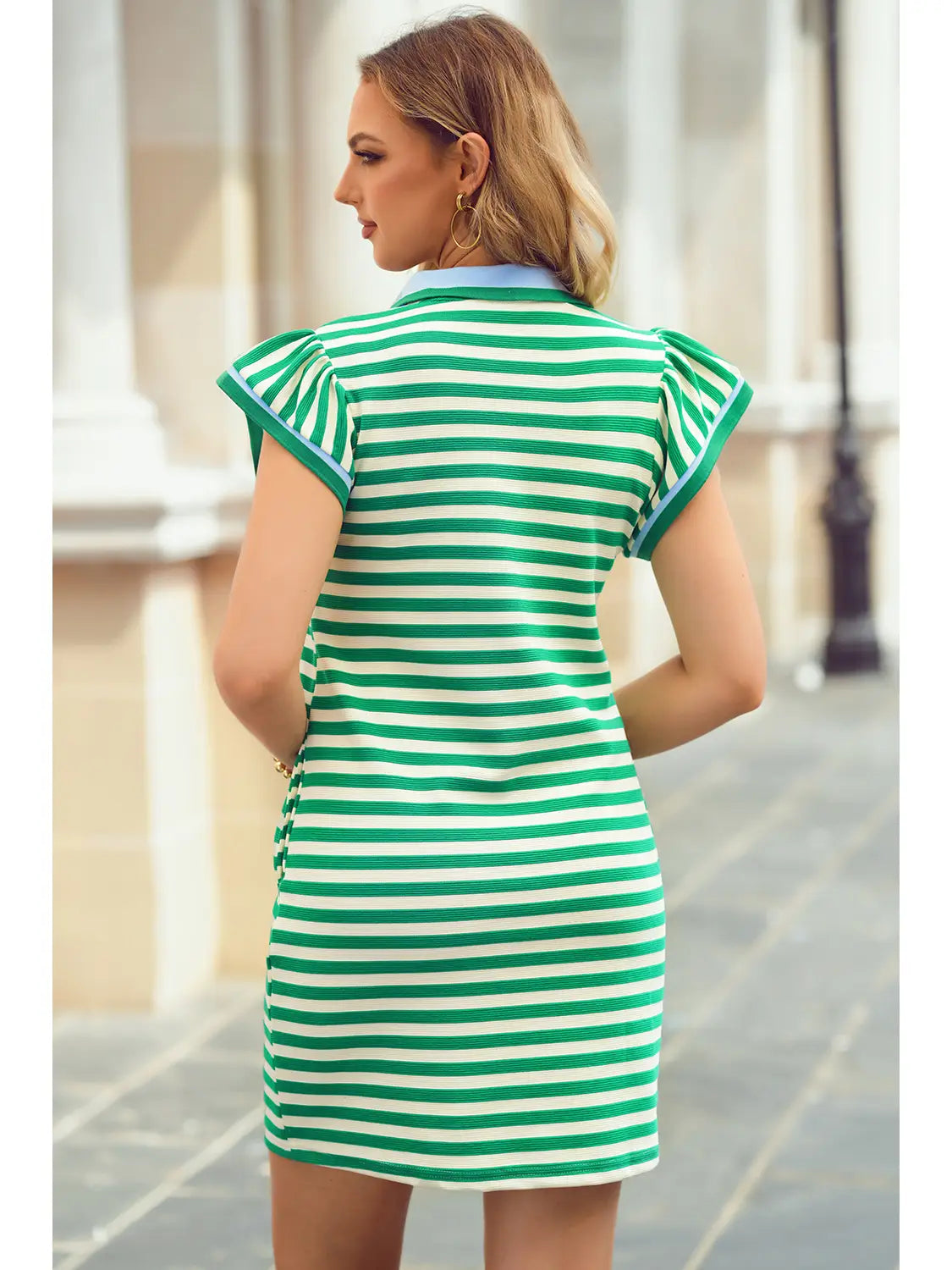 Stripe Collar Split Neck Flutter Sleeve Short Dress
