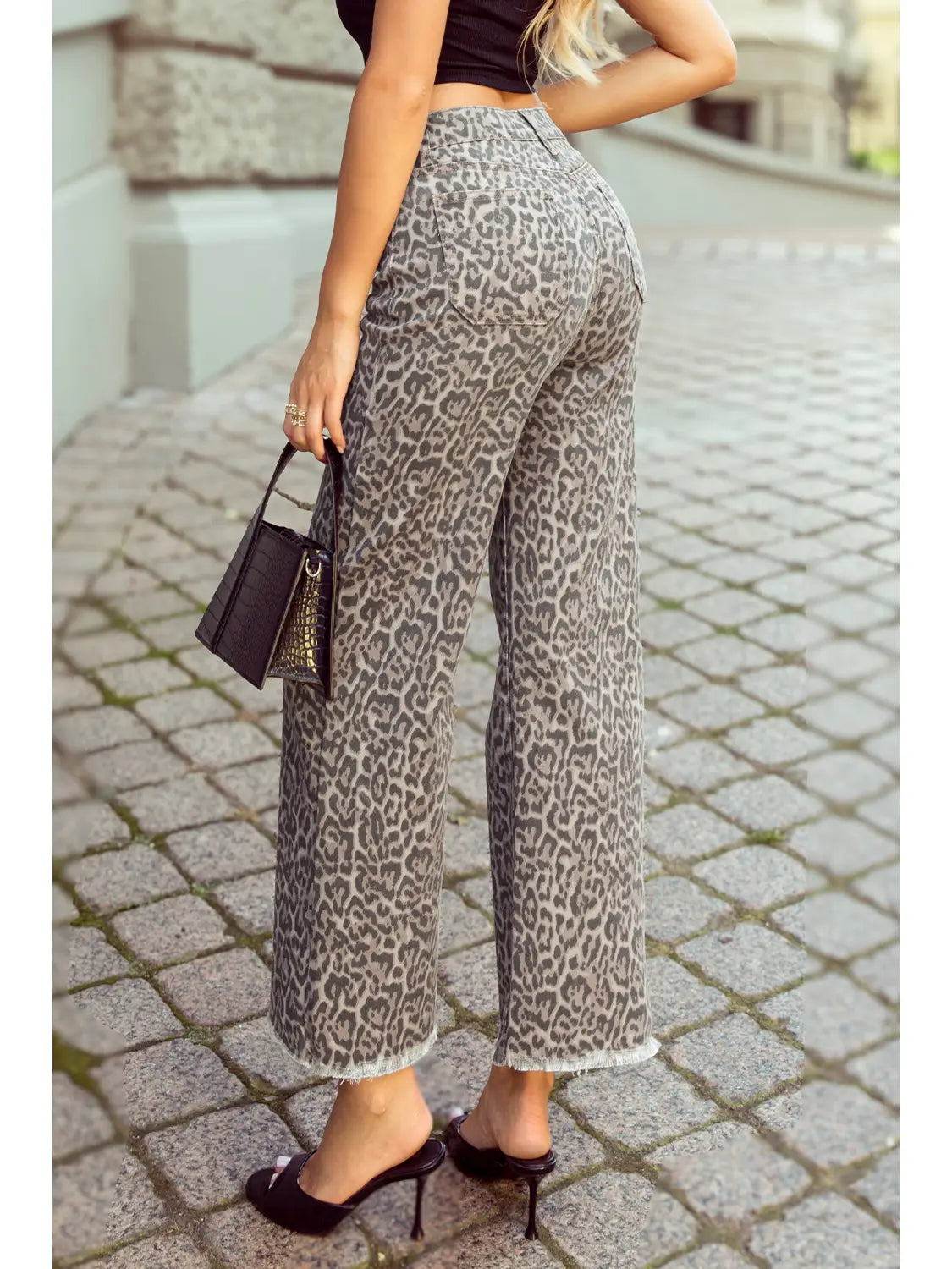 Leopard Frayed Edge Wide Leg High Waist Jeans