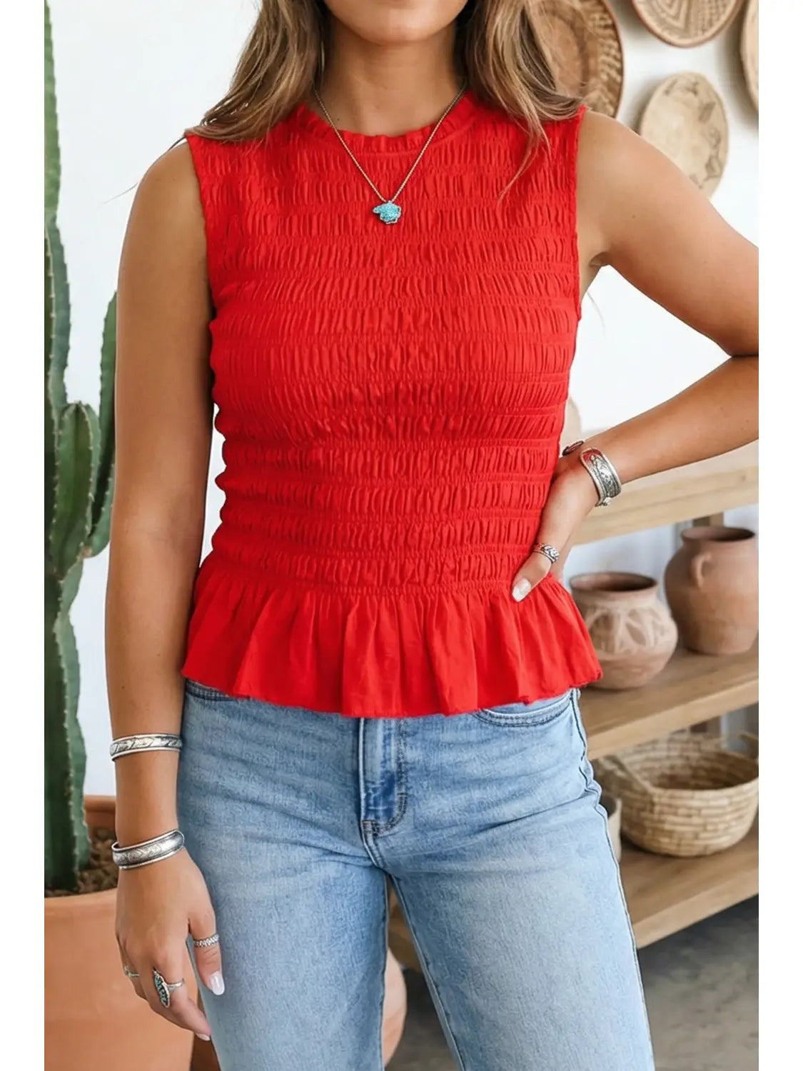 Western Solid Fiery Red Round Neck Tank