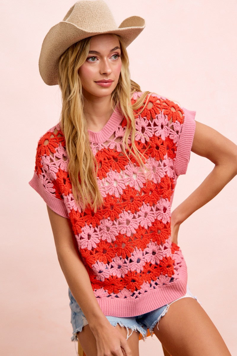 Alternating Floral Crochet Knit Drop Shoulder Top