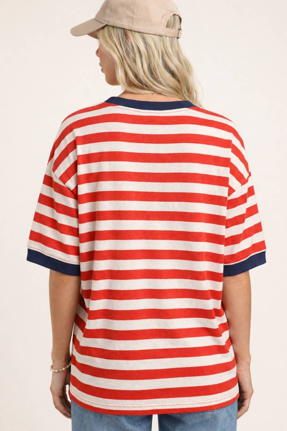 4th of July Red stripe tee with denim star patch