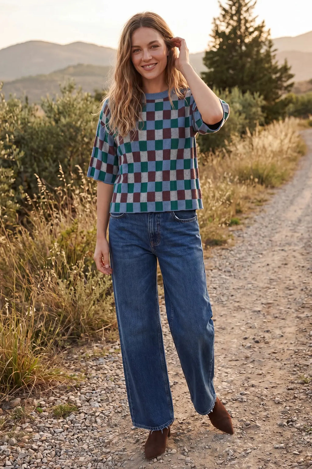 Short Sleeve Grid Patterned Sweater