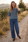 Short Sleeve Grid Patterned Sweater