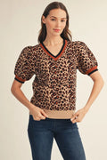 Short Puff Sleeve Leopard Sweater Top