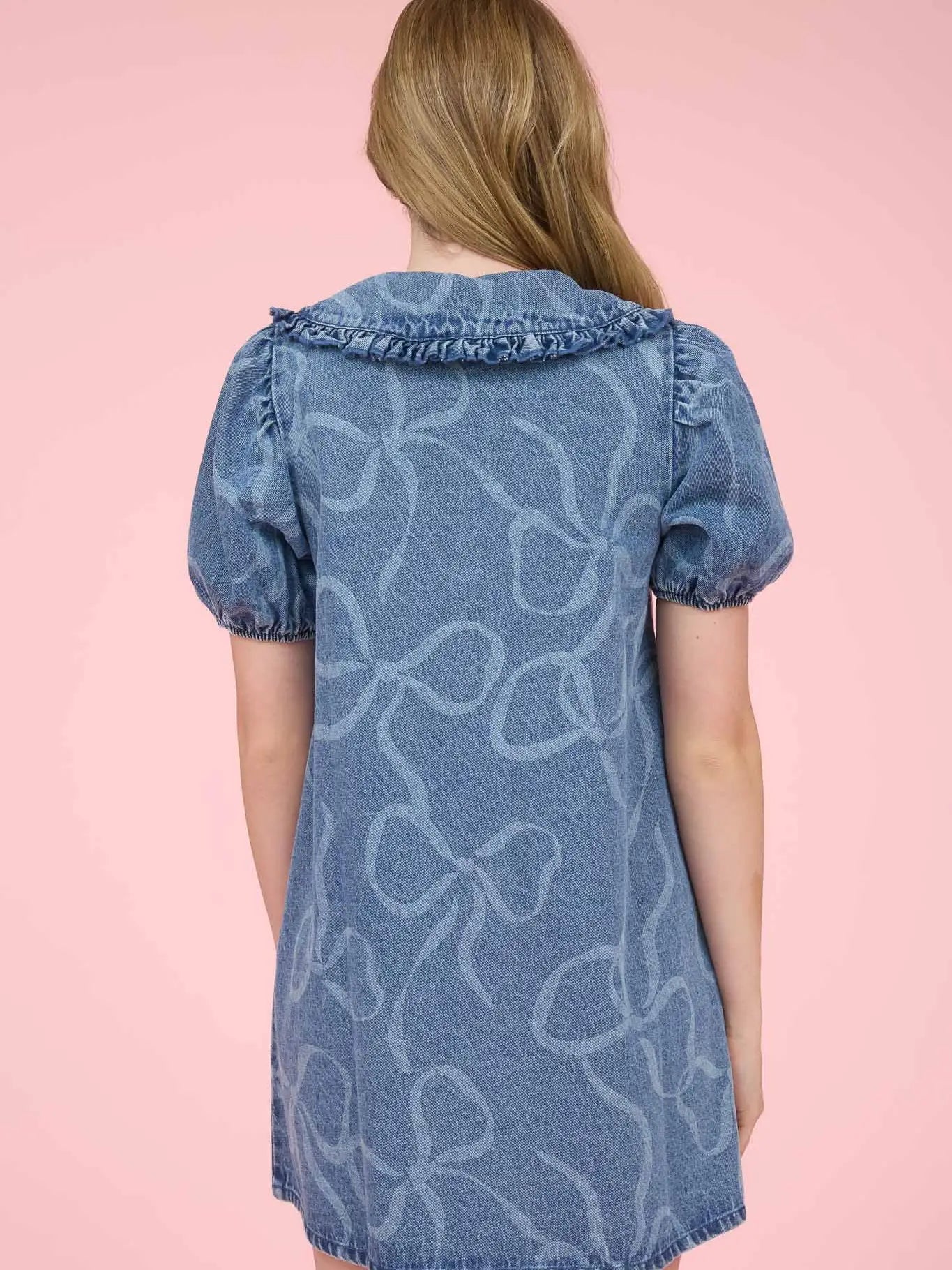 Bow Pattern Button Down Washed Denim Mini Dress