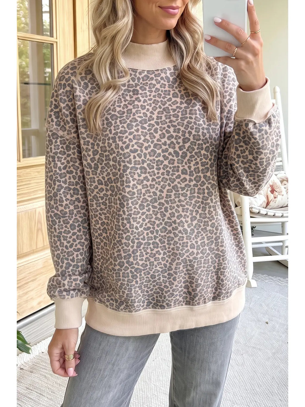Leopard Print Mock Neck Pullover Sweatshirt