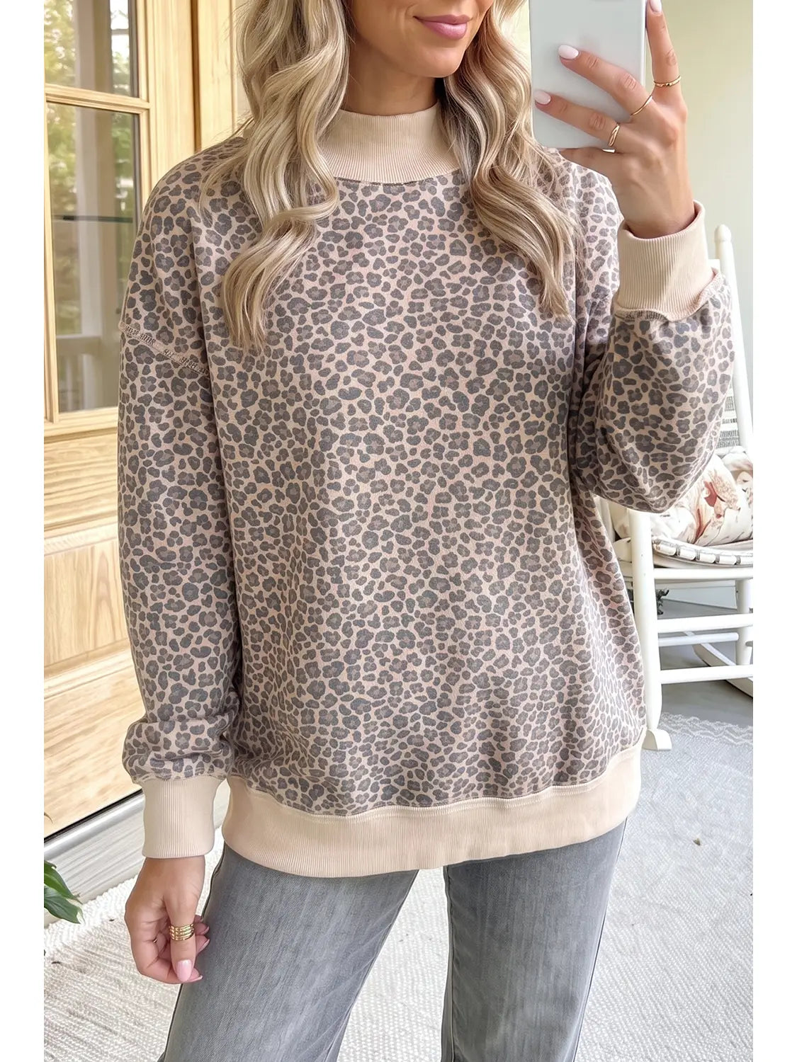 Leopard Print Mock Neck Pullover Sweatshirt