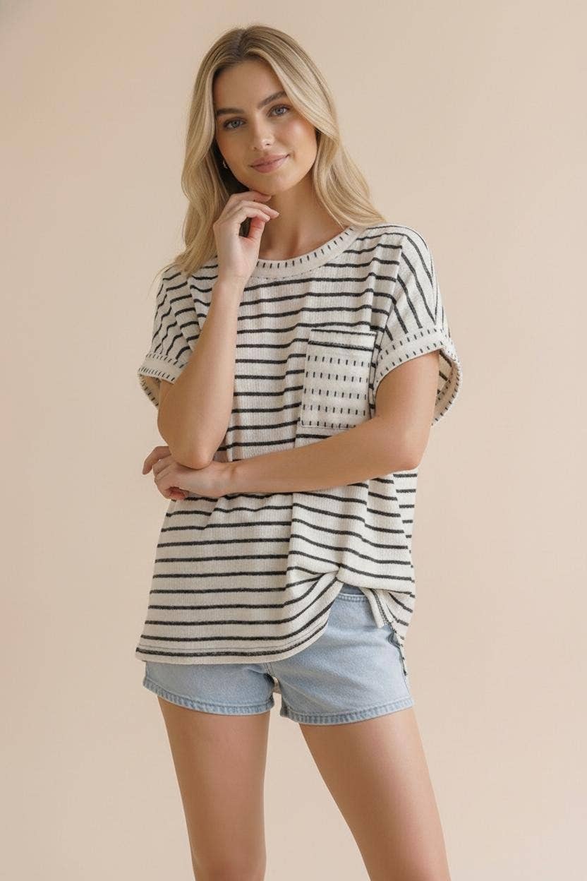 Round Neck Oversized Stripe Knit With Pocket