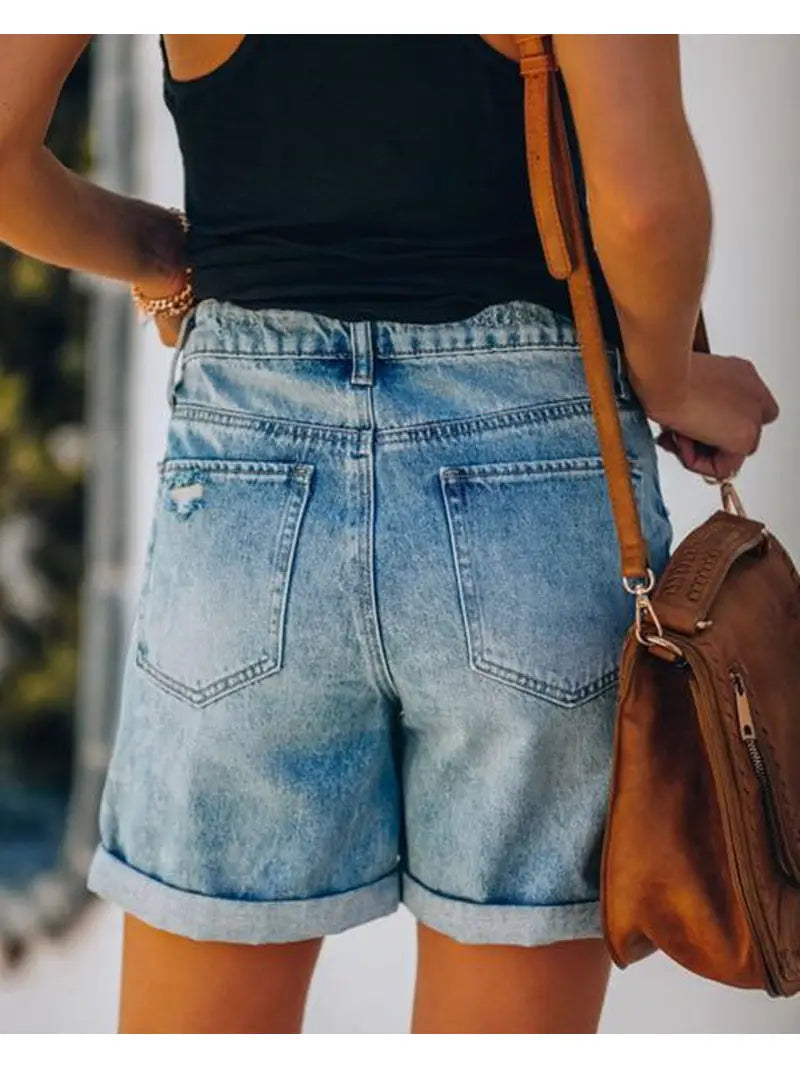 High Waist Rolled Hem Denim Shorts
