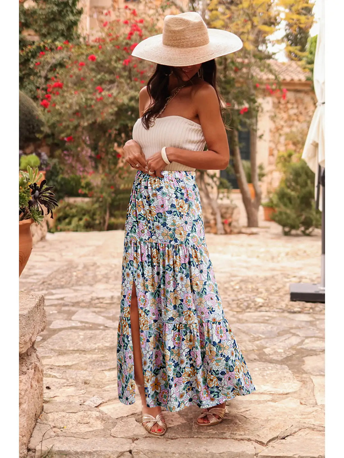 Bohemian Floral Print Tiered Maxi Skirt