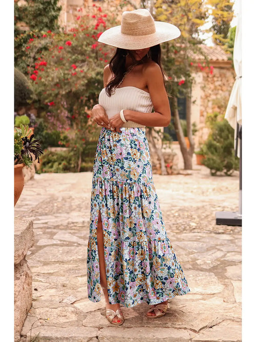 Bohemian Floral Print Tiered Maxi Skirt